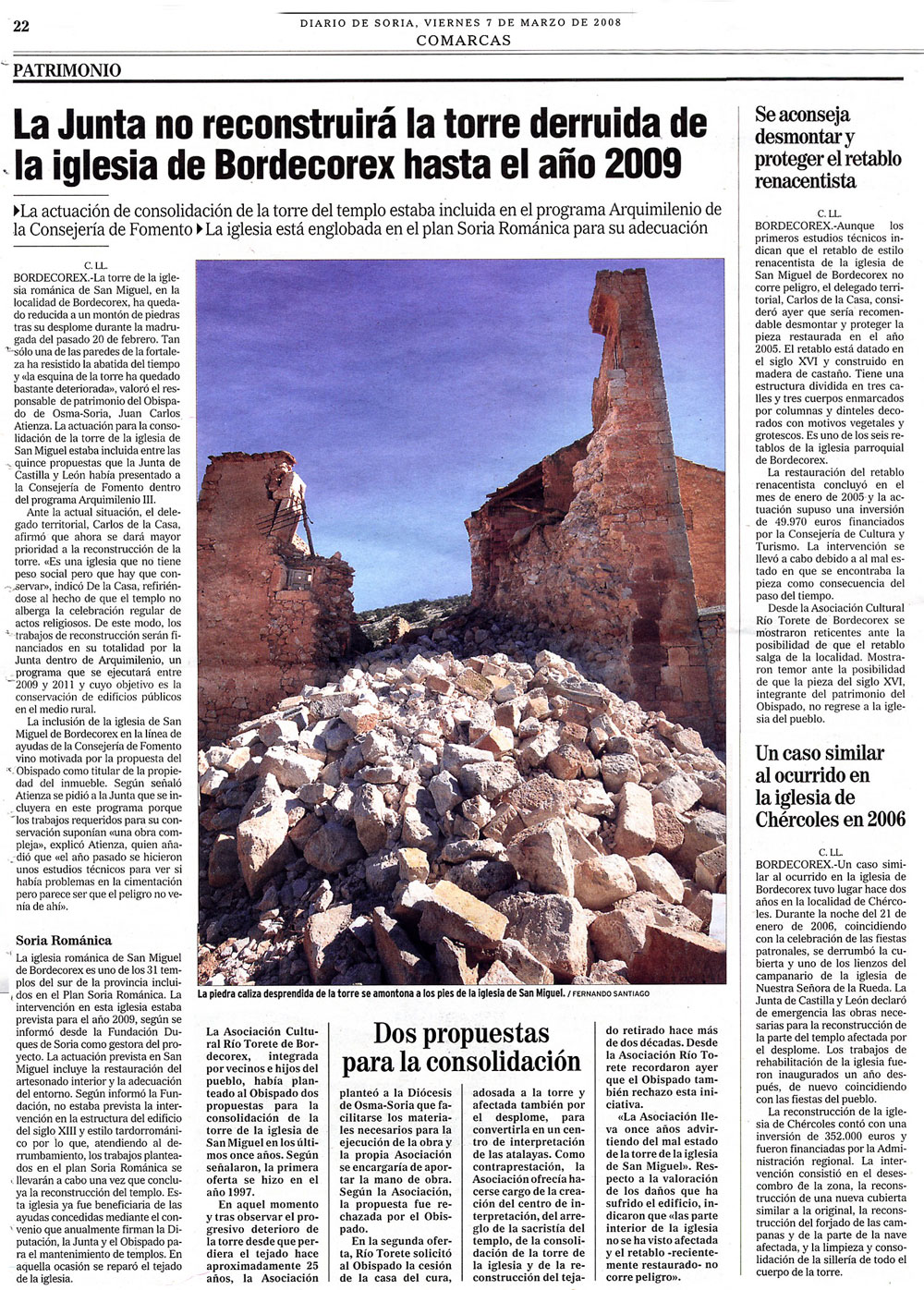 La Junta no reconstruirá la torre de la iglesia de Bordecorex hasta el año 2009